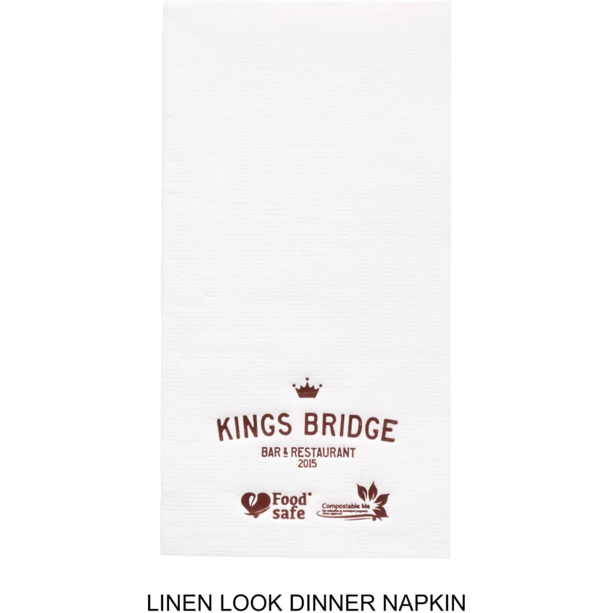 A white linen-look dinner napkin featuring a logo and text in brown. Perfect for dining decor.