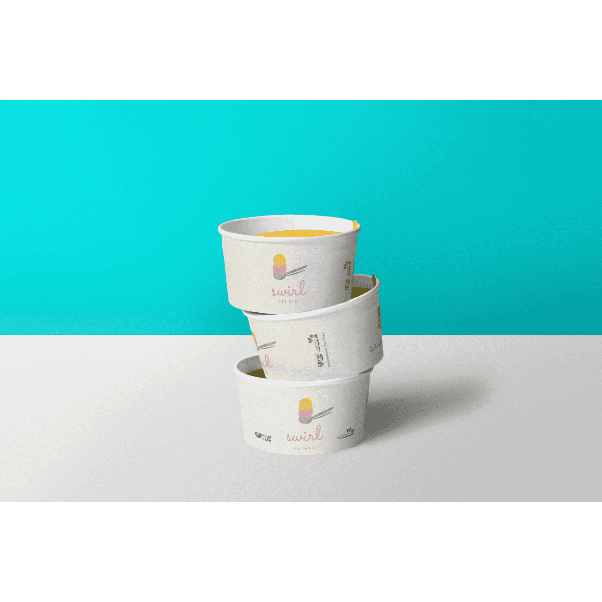 Three stacked, white gelato cups featuring a logo, one filled with yellow gelato against a turquoise background.