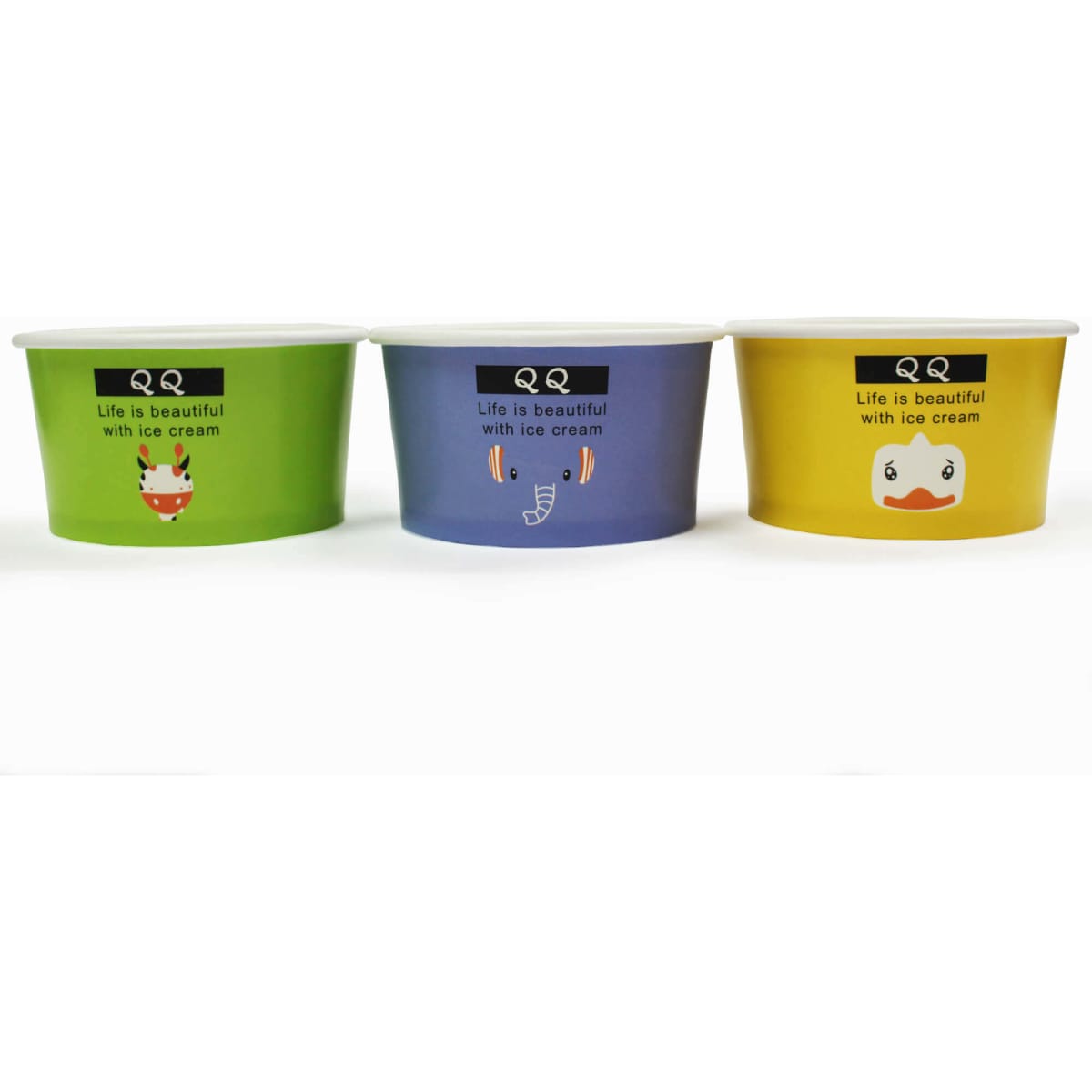 Three customised gelato cups in green, blue, and yellow, each featuring different designs and logos.