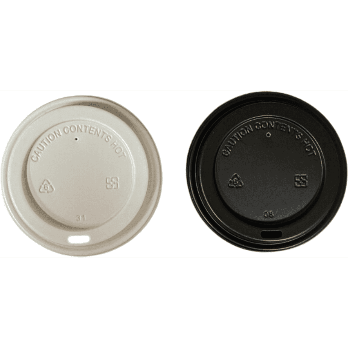 A set of matching lids, one black and one white, designed for 12/16 oz drink bottles. Each lid features a logo.