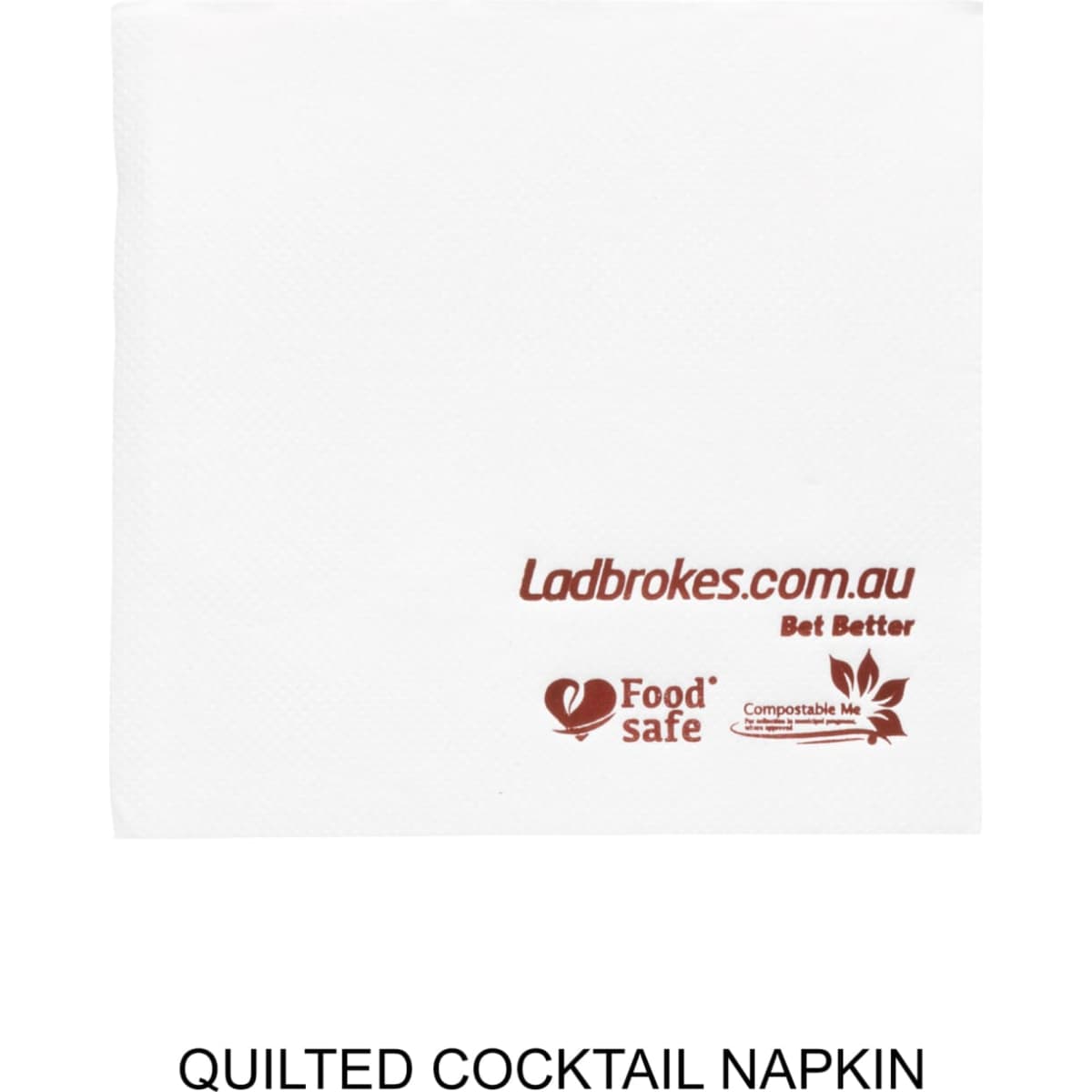 A white quilted cocktail napkin featuring a logo and branding on one side.