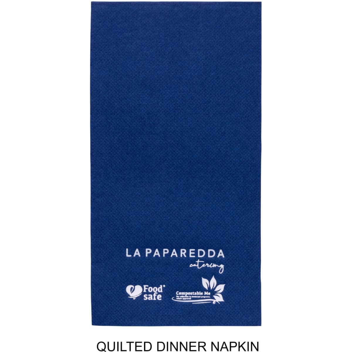 A blue quilted dinner napkin featuring a logo and text branding.
