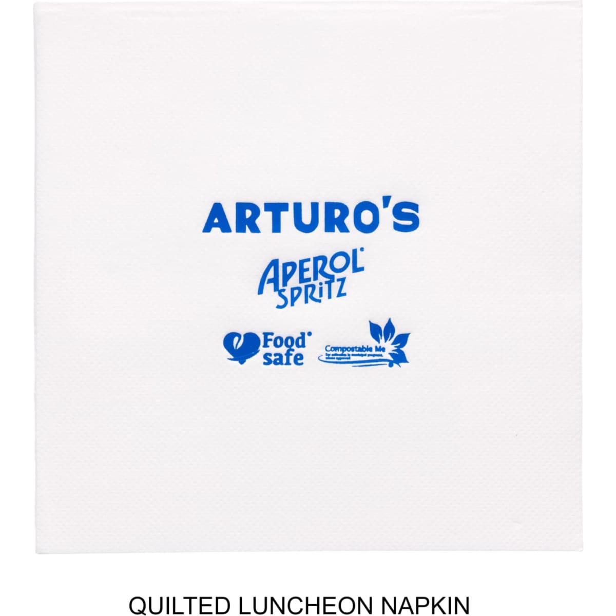 A white quilted luncheon napkin featuring blue branding and logos.