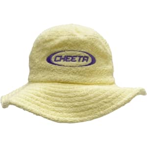 A yellow terry towelling bucket hat featuring a logo embroidered on the front.