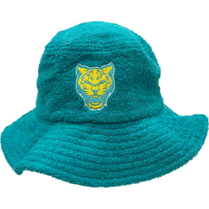A teal terry towelling bucket hat featuring an embroidered tiger logo on the front.