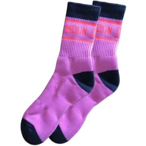 Custom business socks featuring a pink and navy colour scheme, with a logo on the upper portion.