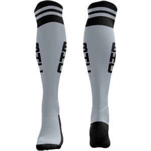 Custom knee-length socks in grey with black stripes and branding. Ideal for sports uniforms.