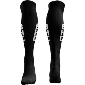Black custom knee-length socks featuring a logo on the sides. Made from a stretchy material for comfort.