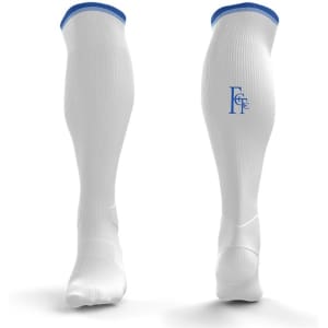 Knee-length sports socks in white with a blue accent and logo branding.