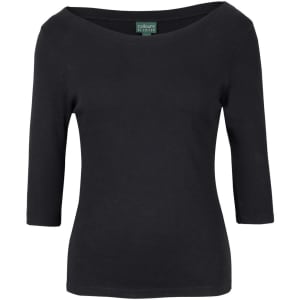 A black 3/4 sleeve boat neck tee with a fitted design and a logo on the label.