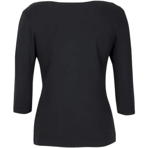 A black women's 3/4 sleeve boat neck tee featuring a simple, classic design and a fitted silhouette.