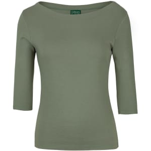 A green ladies' 3/4 sleeve boat neck tee shirt with a fitted design, featuring a branding logo.