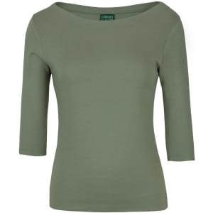 A ladies' 3/4 sleeve boat neck tee in olive green, featuring a fitted design and a logo.