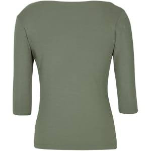 A green ladies' 3/4 sleeve boat neck tee with a fitted design and a logo.