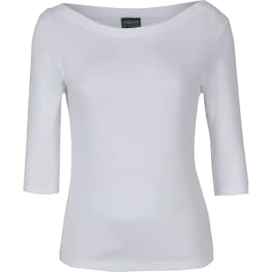 A white ladies' 3/4 sleeve boat neck tee with a soft, smooth fabric and a branded tag.