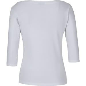 A white ladies' 3/4 sleeve boat neck tee, featuring a fitted design and a subtle brand logo.
