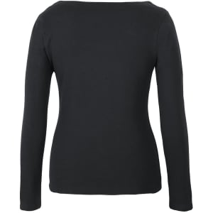 A black long-sleeve boat neck tee with a fitted design and a plain back. Features a logo.