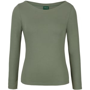 A green long-sleeve boat neck tee for women with a fitted style and a logo tag.