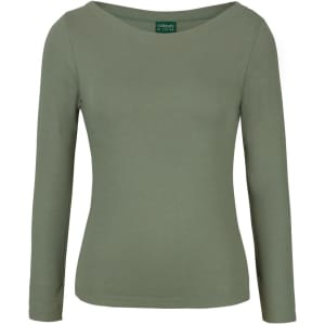 A long-sleeve boat neck tee in olive green, featuring a fitted design and a branding label on the neckline.