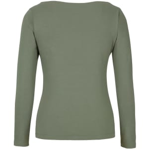 A long-sleeved boat neck tee in olive green, featuring a fitted design and a logo on the back.
