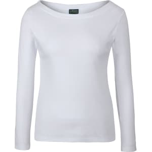 A white long-sleeved boat neck tee with a fitted silhouette and a label on the neckline.
