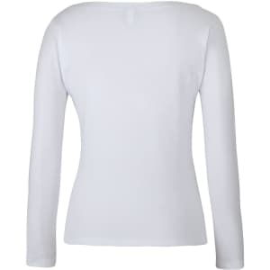 A white long-sleeve boat neck tee with a fitted design and a small logo.