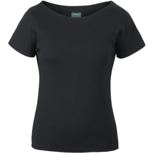 A black boat neck t-shirt made of soft fabric, featuring short sleeves and a fitted design. It has a logo tag.