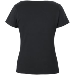 A black boat neck short-sleeve tee with a fitted silhouette and a logo on the back.