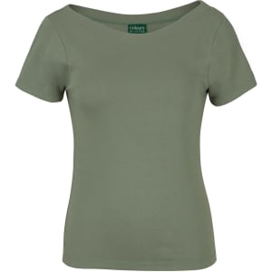 A ladies’ short sleeve boat neck tee in olive green, featuring a fitted design and a logo tag.