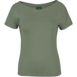 A green ladies' short sleeve boat neck tee, featuring a fitted design and a logo inside the collar.