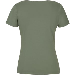A ladies' short-sleeve boat neck tee in a soft olive green hue, featuring a simple design and a branding logo.