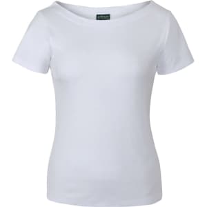 A white boat neck short sleeve tee with a fitted design and a branding label inside.