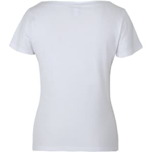 A white ladies' short-sleeve boat neck tee, featuring a fitted style and simple design, with a small logo detail.
