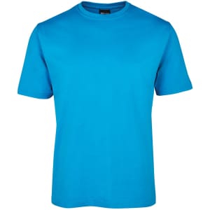A bright blue T-shirt featuring a round neck and short sleeves. It has a simple design and includes a logo.