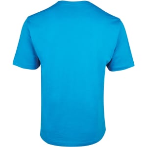 A vibrant blue t-shirt with a classic crew neck and short sleeves, featuring a branding logo.