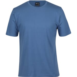 A blue t-shirt with short sleeves and a round neckline, featuring a label inside.