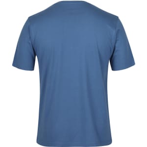 A plain blue T-shirt with a crew neckline and short sleeves, featuring a logo on the back.