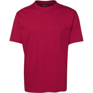 A red T-shirt with a round neck and short sleeves. The shirt features a brand logo on the neckline.