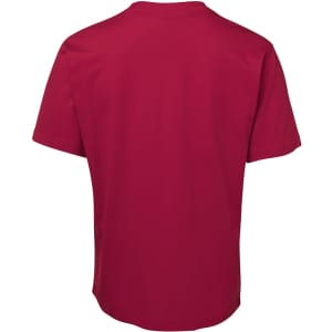 A red t-shirt with short sleeves, featuring a plain design and a logo on the back.