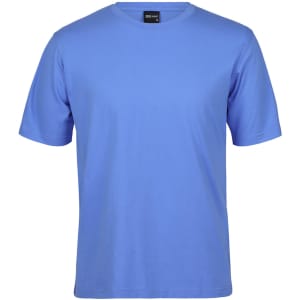 A blue T-shirt with short sleeves, featuring a round neckline and a logo.
