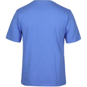 A blue t-shirt viewed from the back, featuring a plain design and a logo.