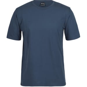 A navy blue t-shirt with short sleeves and a round neckline, featuring a logo on the inside tag.