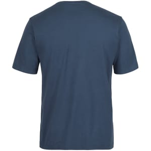 A navy blue T-shirt with short sleeves and a plain back, featuring a logo on the front.