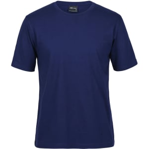 A navy blue T-shirt with short sleeves, featuring a logo at the neckline.