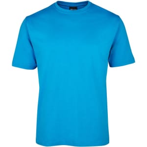A bright blue t-shirt with short sleeves and a round neckline, featuring a logo on the label.