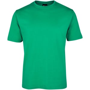 A green short-sleeved T-shirt with a crew neck and a branding label on the collar.