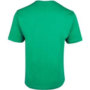A green T-shirt with short sleeves and a back view. It features a logo on the back.