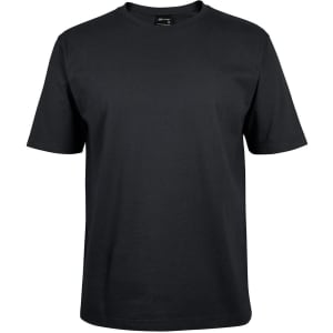 A black t-shirt featuring a simple design and a small logo on the label. The shirt has short sleeves and a classic fit.