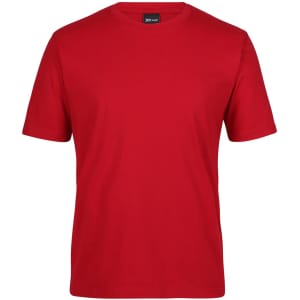 A red short-sleeved t-shirt featuring a logo on the neck. Simple and classic design.