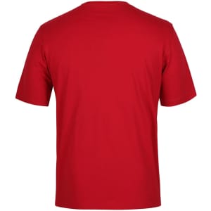 A red t-shirt with a round neckline and short sleeves, featuring a simple design on the back and a logo.